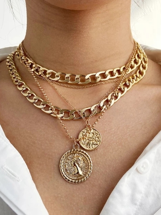 Jewelry - Layered Gold Coin Pendant Choker Necklace Set